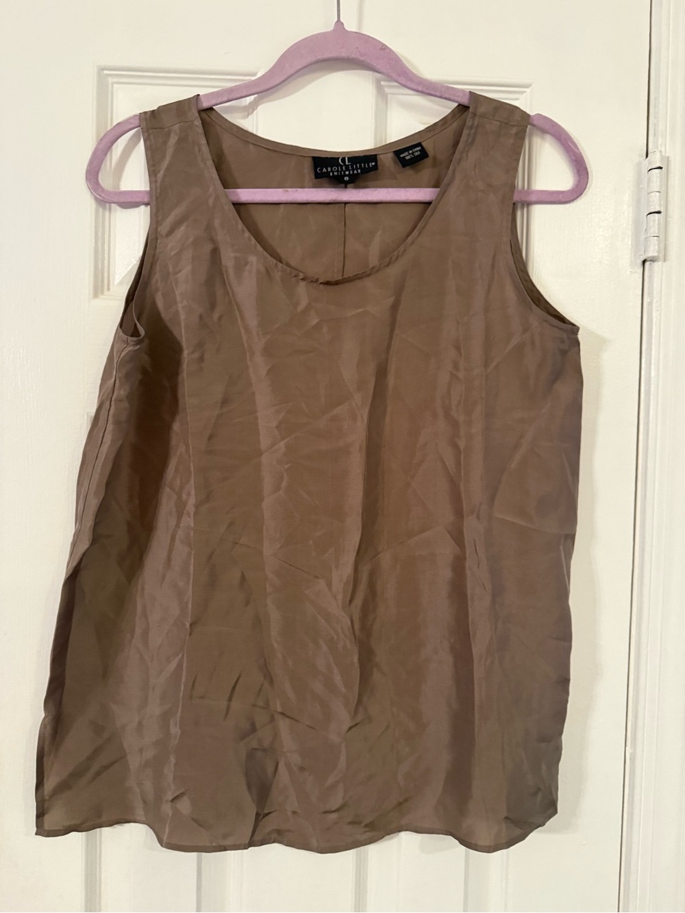 Carole Little Taupe Sleeveless Scoop Neck Camisole 100% Silk